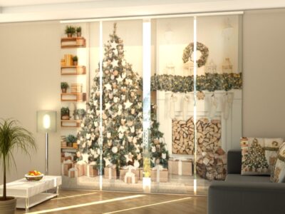 Schiebegardine 4 tlg. Christmas Tree with White and Wooden Decorations