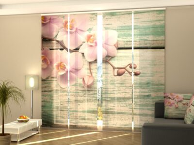 Schiebegardine 4 tlg. Lovely Orchids on a Old Blue Wood