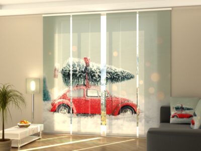 Schiebegardine 4 tlg. Red Car with Christmas Tree