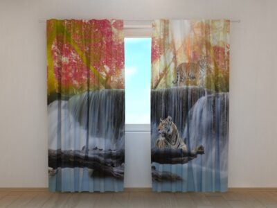 Fotovorhang Tigers at the Autumn Waterfall